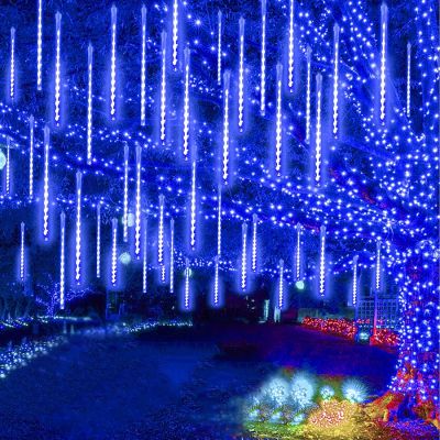 Blue Meteor Lights Outdoor Christmas Tree Decor Meteor Shower Rain Lights Waterproof Cascading Icicle Lights Falling Rain Lights
