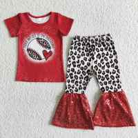 Toddlers Baseball Red Outfits Baby Girls Short Sleeve Top Bell Bottom Leopard Sets Kids Children Clothing Boutique Wholesale