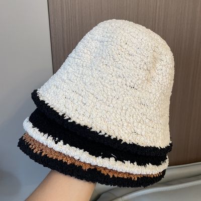 【CW】 Women  39;s Knitted Hat Female  39;s Cold Proof Warm Basin Color Contrast Panama hat Trending Wool Hats