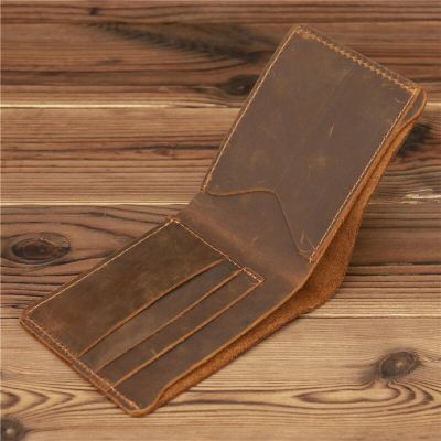 【JH】Handmade Vintage Genuine Leather Mens Wallets Purse Crazy Horse Leather Wallets Cowhide Short Wallet Card Holder Money Bag Male
