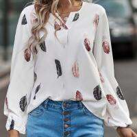 QianXing Shop 1PC Summer Feather Print Casual T-shirt V-neck long-sleeved T-shirt Fashion Loose Ladies