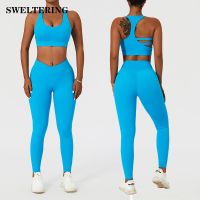 【cw】 2 Pieces Set Workout Shirts Sport Pants Gym Suits Shorts Crop Top Waist Leggings Sets