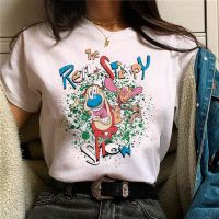 เสื้อยืดเสื้อยืดสตรีลายตลก Ren And Stimpy Anime เด็กผู้หญิง,เสื้อผ้าแนวสตรีทฮาราจูกุ