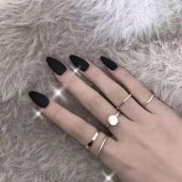 24 Pcs Matte Frosted Black Fake Nails Detachable Solid Color Long Oval Ultra Thin False Nails with Adhesive Tape Glue Sticker fenguhan