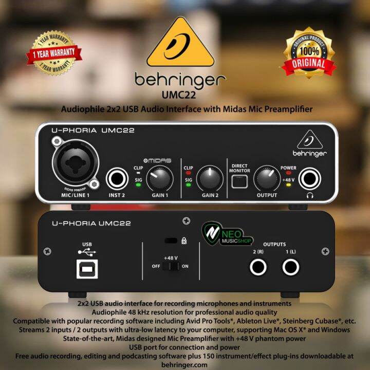 BEHRINGER UMC22 [ UMC 22 ] AUDIO INTERFACE SOUNDCARD W/ MIDAS PREAMP