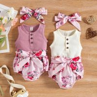 COD ┇♟ The Outline Shop27dgsd6gfd Baby clothes Newbron Cotton Romper Baby Jumpsuit Pink New Waffle Floral Pants Hair Band Three piece Suit