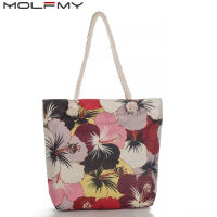 Ladies Canvas Handbag Flower Print Bag Beach Bag Tote Bag Retro Style Linen Female Fashion Shoulder Bag Shopping Bags Dropship