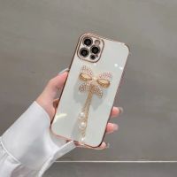 ✾◈ Phone case Fashion Pearl bow pendant soft For iPhone 14 12 11 13Pro Max XR XS Max X 7 8 Plus Luxury plating protection Cover