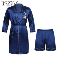 ❏ Roupão de banho cetim bordado masculino camisola seda casual manga longa quimono robe loungewear pijamas com conjunto cinto