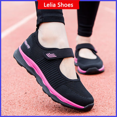 รองเท้าส้นเตี้ยผู้หญิงขนาดใหญ่ระบายอากาศ35-41กันลื่นรองเท้าเพื่อสุขภาพรองเท้าโลฟเฟอร์ลำลอง Velcro สำหรับคุณแม่สีดำสีแดง