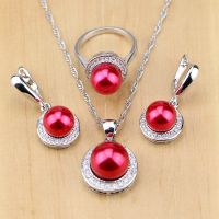 Red Simulated-Pearl With Beads 925 Silver Jewelry Sets For Women Party Pendant Drop Earrings Rings Necklace Set