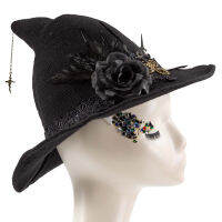 Gothic Black Witch Hat Women Cosplay Halloween Lace Flower Feathers Clock Hands Hats Party Head Dress