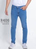 No.R406 กางเกงยีนส์ชาย ขาเดฟ ผ้ายีนส์ยืด สีฟอกไลท์บลู (เป้าซิป)  SIZE 28-36