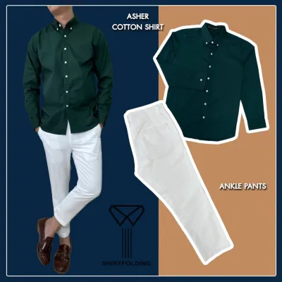 SHIRTFOLDING เสื้อเชิ้ตคอตตอน Asher Cotton แขนยาวคอปก สีเขียวเข้ม