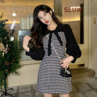 GAODINGLAN ฤดูใบไม้ร่วงฤดูหนาวผู้หญิงแขนยาวโบว์ Sailor Collar Lattice พิมพ์ Slim เอวชุด Vintage Hepburn A Line Mini Dresses