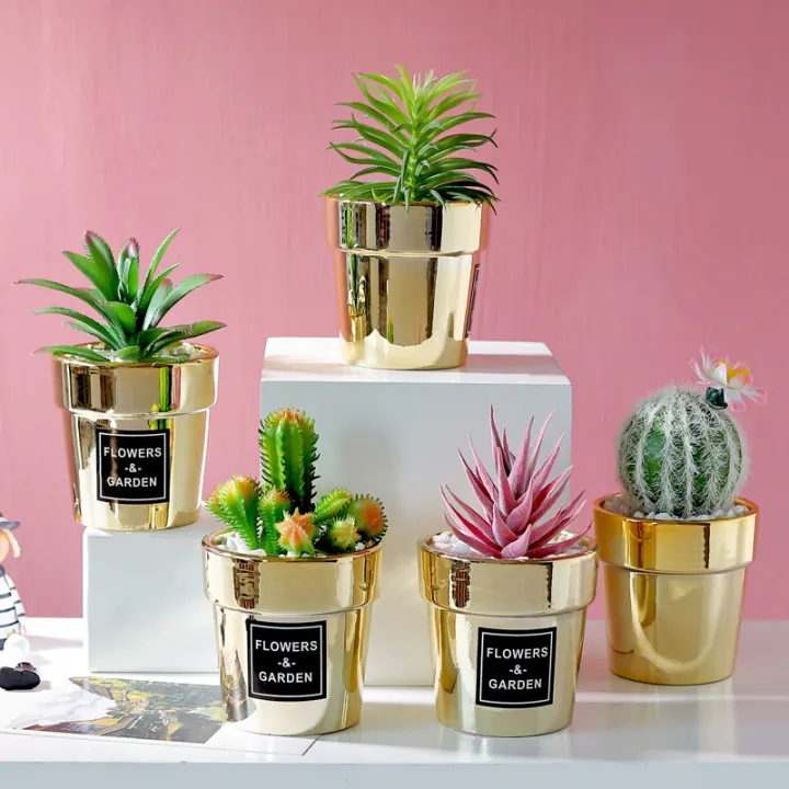 Artificial Flowers With Vase Nordic Metal Gold Simulation Cactus Desktop Home Decor Plants Lazada Singapore - Artificial Plants For Home Decor Singapore