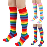 Rainbow Stripes ผู้หญิงถุงเท้าขนาดกลาง , ถุงเท้ายาวเข่าสำหรับผู้หญิง , ถุงเท้าผ้าฝ้ายใต้เข่ายาว , ถุงน่องคอสเพลย์โชว์ , ปาร์ตี้ถุงน่องน่อง DE56