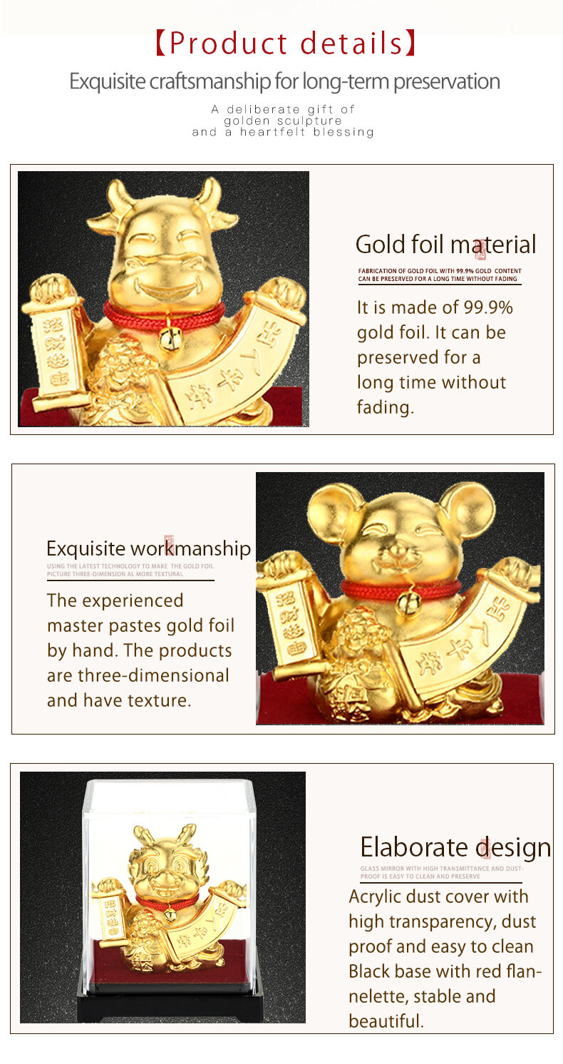 Chinese Zodiac Lucky Wealth Ornament 24k Gold Foil Fengshui decor crafts Gifts 