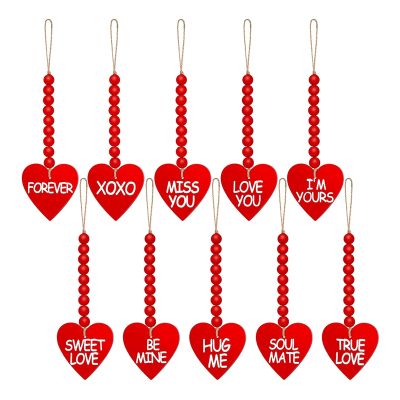 10 Pcs Valentines Day Wooden Bead Heart Garlands Wall Hanging Farmhouse Beads Ornaments for Holiday Parties Decoration
