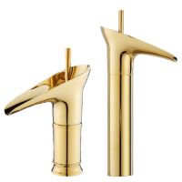 gold brass basin faucet Hot and Cold Basin Washbasin Single Hole Faucet Toilet Table Basin High Golden Waterfall Faucet ARY780