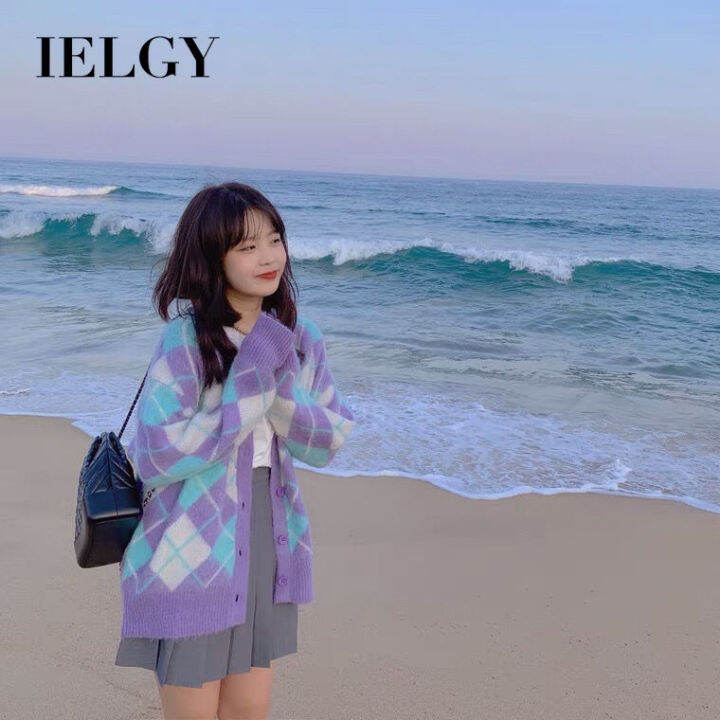 ielgy-แจ็คเก็ตถักผู้หญิงเสื้อกันหนาวเสื้อคาร์ดิแกนทรงหลวมสไตล์-ins