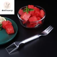 DELICACY แบบ2-in-1 เหล็กไร้สนิม สร้างสรรค์และสร้างสรรค์ แบบพกพาได้ เครื่องมือสำหรับตัด เครื่องตัดแตงโม ส้อมผลไม้ผลไม้ ที่หั่นแตงโม