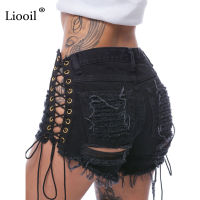 Liooil Plus Size Tassel Denim Party Rave Shorts Women y Club Skinny Lace Up Mid Waist Hole Rivet Button Fly Black Short Jeans