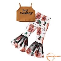 COD Beauty-Toddler Girl 2Pcs Western Outfits, Sleeveless Strap Tops + Cow Print Bell Bottoms Set Kid Clothes