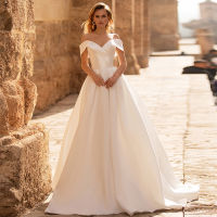 Simple Wedding Dress Satin A Line Off the Shoulder Lace-up Elegant Wedding Gowns Buttons Draped Sweep Train Classic Bridal Dress