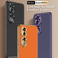 หนังแท้เคสสำหรับ Honor 90 Pro เคสเคสโทรศัพท์แบบแข็งหนังวัวแท้ลายลิ้นจี่หนังกันกระแทก