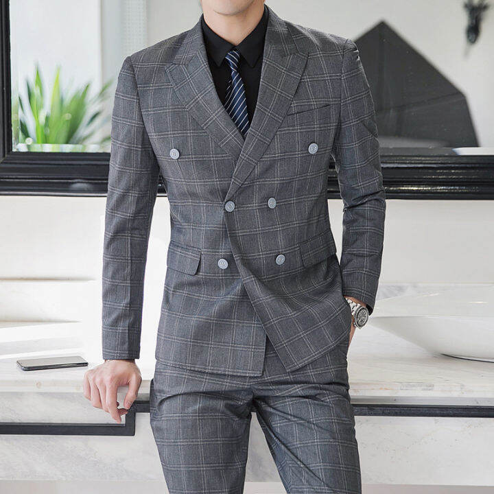 KENRO Suit Full Set For Men Plus Size 2023 New Korean Male Plaid Blazer