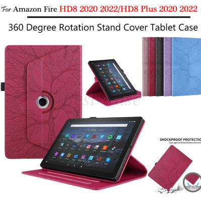 เคสแท็บเล็ตการหมุน360องศาที่วางปากกากระเป๋าหนังสไตล์ต้นไม้2020 2020 HD8 Amazon Fire 2022 HD 8 Plus เคสตั้งได้เคสแบบพับปิดได้สำหรับ Amazon Fire HD8บวก2022 2020 8.0