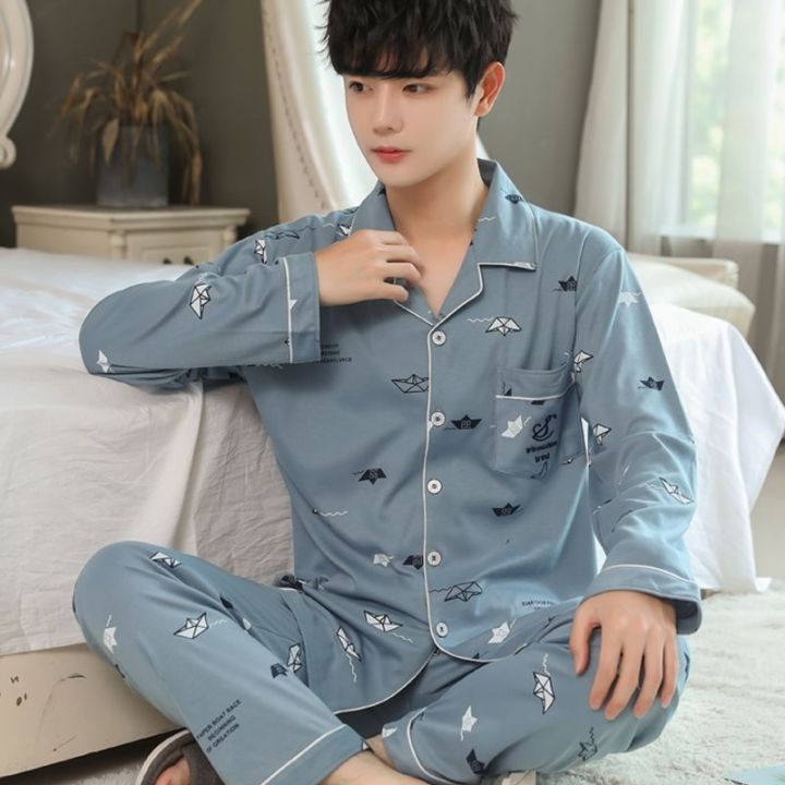 muji-high-quality-100-cotton-middle-aged-young-mens-pajamas-mens-spring-autumn-and-summer-winter-cardigan-long-sleeved-dad-home-clothes-loose