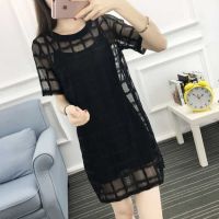 【YF】 Stylish O-Neck Solid Color Spliced Loose Hollow Out Mini Dress Womens Clothing 2023 Summer New Oversized Office Lady Sexy