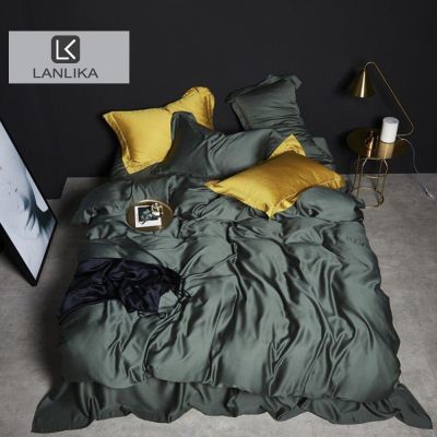 Lanlika เตียงไหม100% แท้สีเขียวสวยงามชุดเครื่องนอนผ้าลินินผ้านวมผ้าคลุมเตียงขนาดใหญ่สองชั้น
