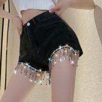 New Web Celebrity Summer Bull-Puncher Knickers Female Black High Waist Show Thin Easy Bright Drill Heavy Tassels Hot Pants