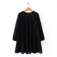 Women high street texture pattern black casual loose mini Dress autumn ladies lantern sleeve vestidos chic ruffle Dresses DS2950