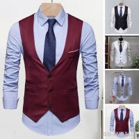 【CW】❈❦  Men Business Waistcoat Sleeveless Low-cut V Neck Single-breasted Color Pockets Buttons Formal Groom