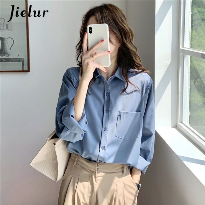 jielur-เสื้อเบลาส์ผู้หญิงวินเทจมีกระเป๋าหลวมผ้าชีฟอง5สีสำหรับสาวออฟฟิศ-kemeja-hitam-แฟชั่น-s-xl-เสื้อสตรี