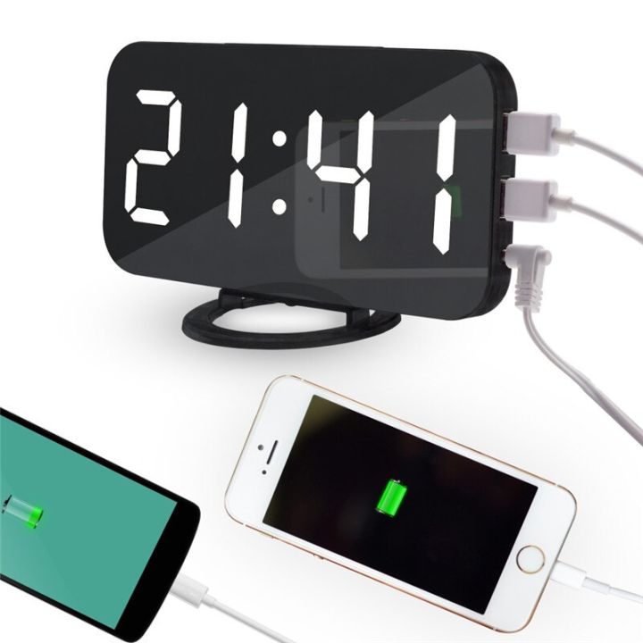 worth-buy-นาฬิกาปลุกแอลอีดีดิจิทัลนาฬิกาปลุกสนู๊ซแสดงเวลากลางคืน-led-โต๊ะ2พอร์ตเครื่องชาร์จ-usb-สำหรับโทรศัพท์-iphone-android-กระจกเตือนภัย