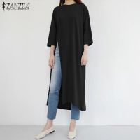 ZANZEA Women Casual 34 Sleeve Round Neck Split Loose Dress