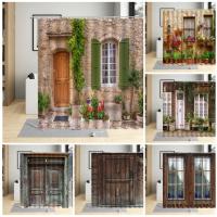 Retro Wooden Door Shower Curtains Old Window Farmhouse Small Town Street View Bathroom Sets Waterproof Curtain With Hooks Fabric