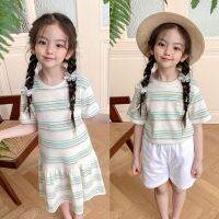 Pre-sale Kids Lovely dresses Summer Girls Dress Casual Striped Print Cherry Embroidered Short Sleeve Dress