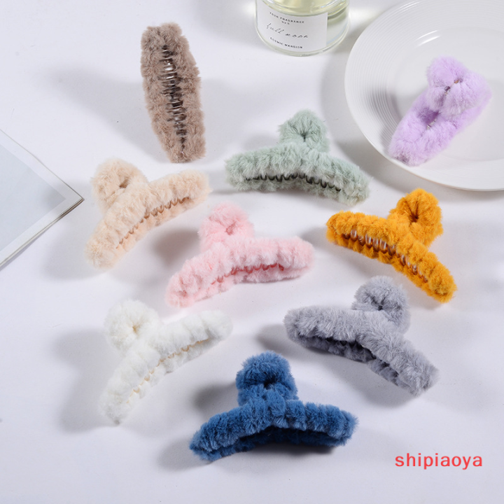 shipiaoya-คลิป-plush-กิ๊บหนีบผมน่ารักสำหรับผู้หญิง-อะคริลิคหรูหราปุกปุยสีพื้นฤดูใบไม้ร่วงฤดูหนาว