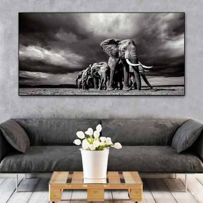 ช้างสัตว์สีดำและสีขาวขนาดใหญ่ภาพจิตรกรรมฝาผนังโปสเตอร์ครอบครัวห้องนอน Hiasan Dinding Kamar เด็กศิลปะผ้าใบ (ไร้กรอบ) เหอหยวนอนาคต