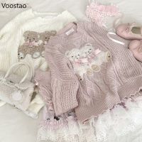 Sweet Lolita Cartoon Plush Bear Knitted Pullovers Japanese Girls Cute Bow Long Sleeve Loose Sweater Women Kawaii Knitwear Tops