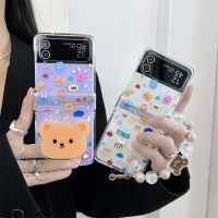 แป้นหูช้างหมีน่ารักเกาหลีและเคสโทรศัพท์แบบโซ่สำหรับ Samsung Galaxy Z Flip 5 4 3 Z Flip3 Flip4เด็กผู้หญิงฝาครอบใสน่ารัก