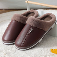 Mens Womens Waterproof Leather House Slippers Man Cotton Shoes Indoor Home Shoes Warm Shoes Soft-soled Cotton Slippers