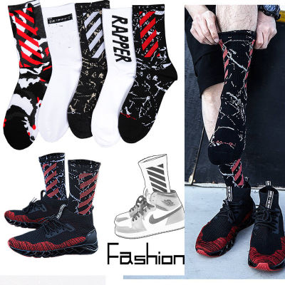 2 Pair Fashion Men Tide Street Hip-Hop Off Mid-Tube Socks Tide Socks High Tube Sports Basketball Socks Cotton Men Socks