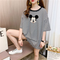 【40-150kg】Womens Plus Size Cute Mickey Printed Stripes T-shirt Oversized Korean Style Big Size Striped Tee Round Neck Short Sleeves Summer Maternity Pregnancy Casual Cute Cartoon Patterned Loose Fit Tops For Chubby Ladies